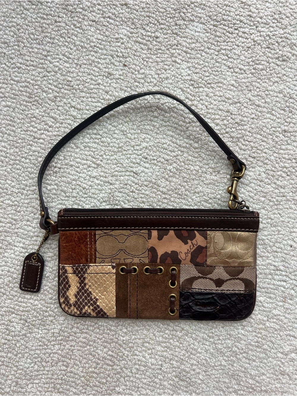 Coach Patchwork Leather & Fabric Wristlet in Brown, Tan, Gold and Black